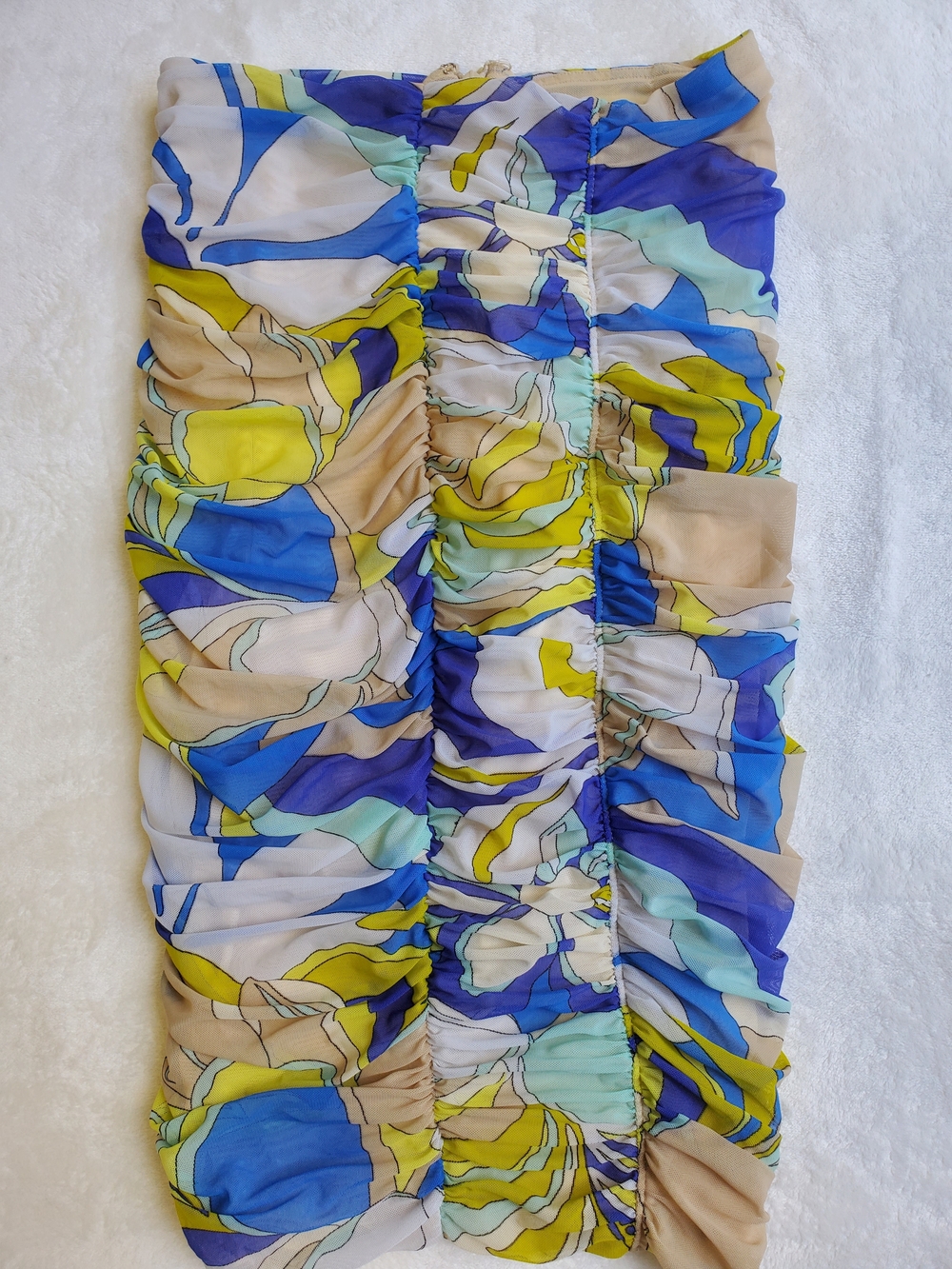 Marciano Multicolor Ruched Midi Skirt - Blue, Yellow, Tan
